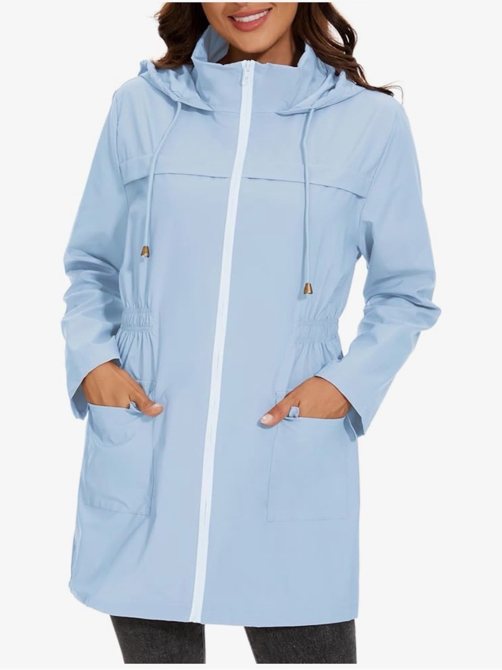 Light Blue Hooded Unlined Packable Raincoat Jacket